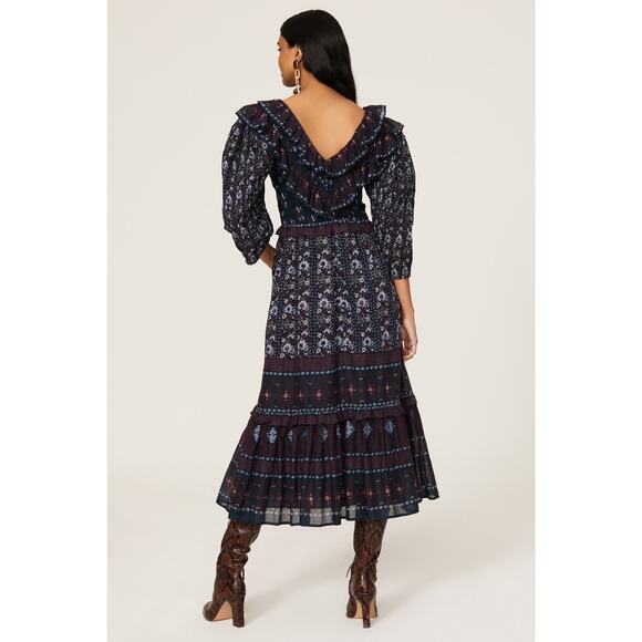 Sea Nadine Navy Blue Border Print Puff Sleeve Ruffled V-Neck Maxi Dress Size 14 - Picture 3 of 16